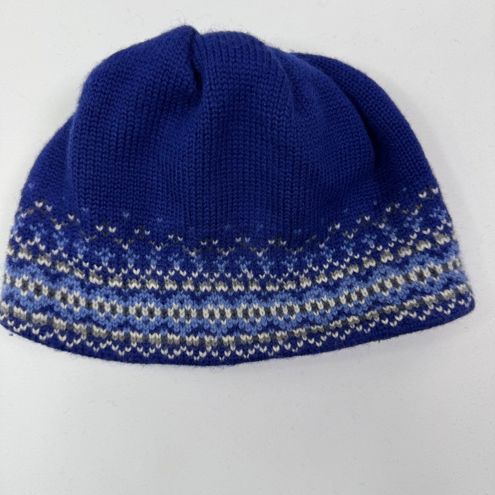 Merkley Headgear Blue Wool Fair Isle Beanie Ponytail Hat Made in Canada